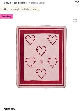 Victoria's Secret Pink and Red Heart Fleece Throw Blanket 50x60